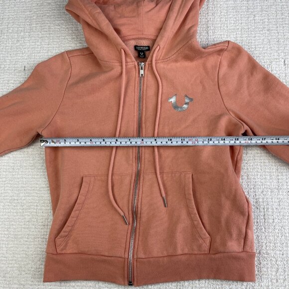 True religion Womens Sz XS Foil Silver Logo Buddha Full Zip Hoodie Pink - Picture 9 of 16
